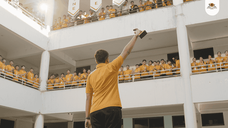 Students cheering at a school event, captured by Ahmedabad school event video production